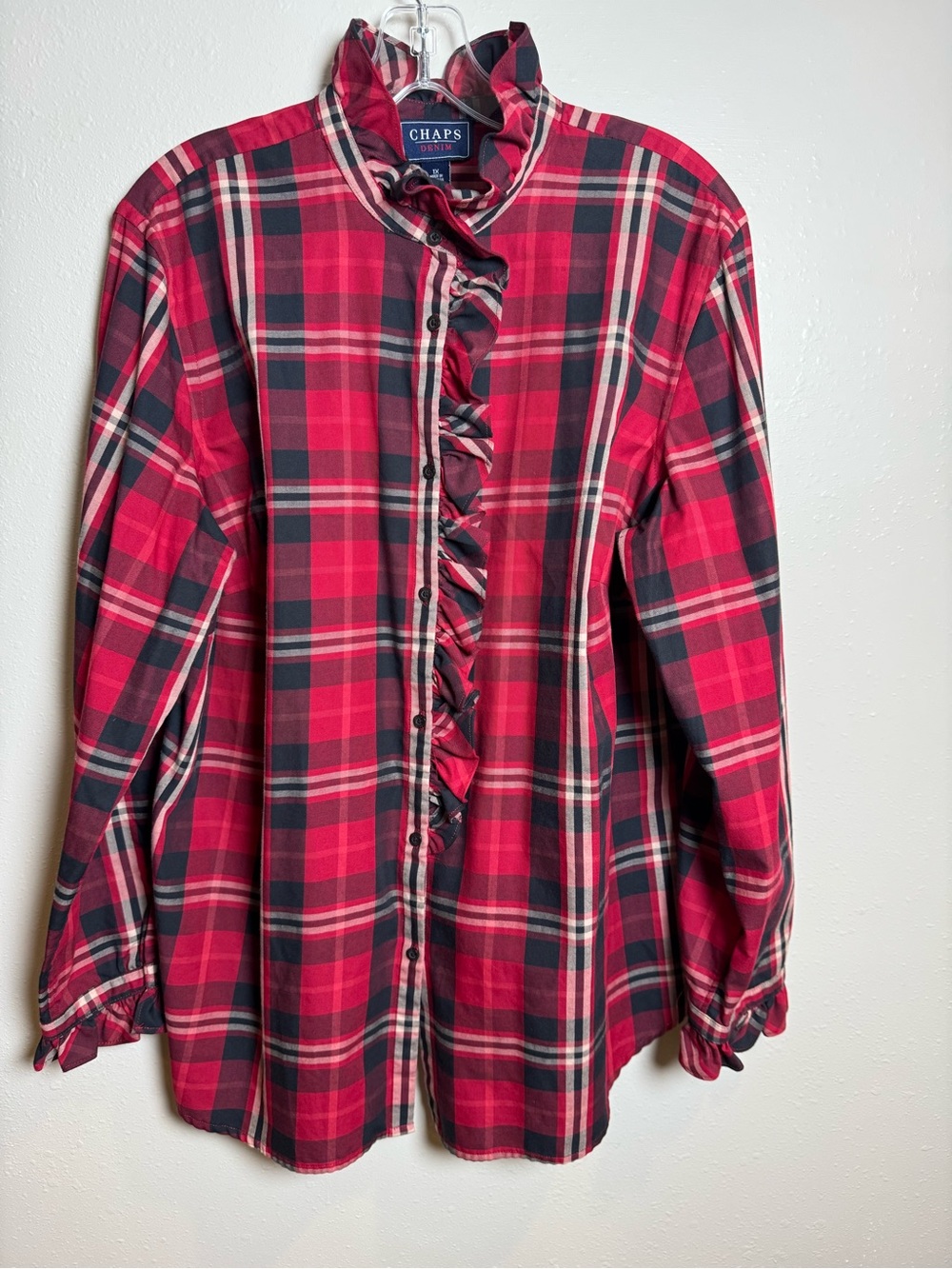 Chaps Women’s Red Plaid Ruffle Button-Front Blouse with ruffles collar and wrist